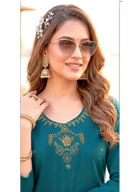 Mitali By Kaya Checks Slub Handwork Kurti With Bottom Dupatta